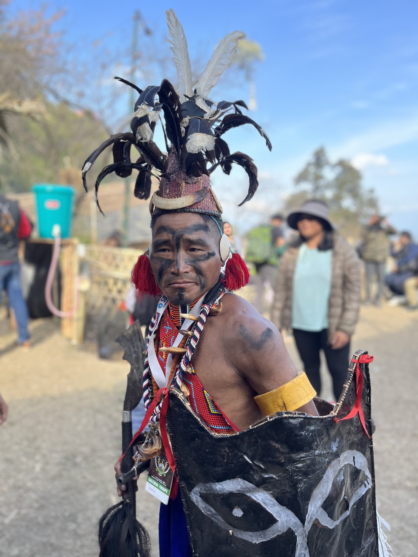 Headgear of hornbill feathers